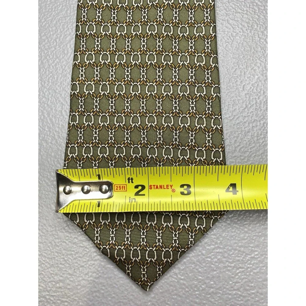 Saks Fifth Avenue Silk Tie Geometric Chain Bridle Motif Vintage Mens Green Gold